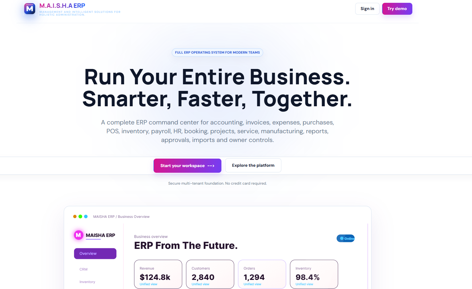 M.A.I.S.H.A ERP homepage